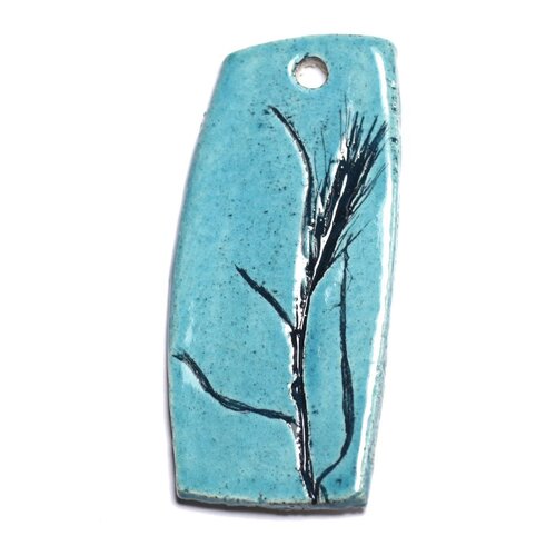 N66 - pendentif porcelaine céramique nature feuilles herbes 67mm bleu turquoise - 8741140004498