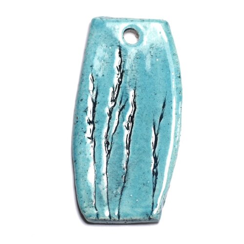 N63 - pendentif porcelaine céramique nature feuilles herbes 60mm bleu turquoise - 8741140004467