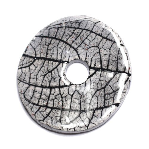 N97 - pendentif porcelaine céramique nature feuilles donut pi 39mm gris clair perle - 8741140004801