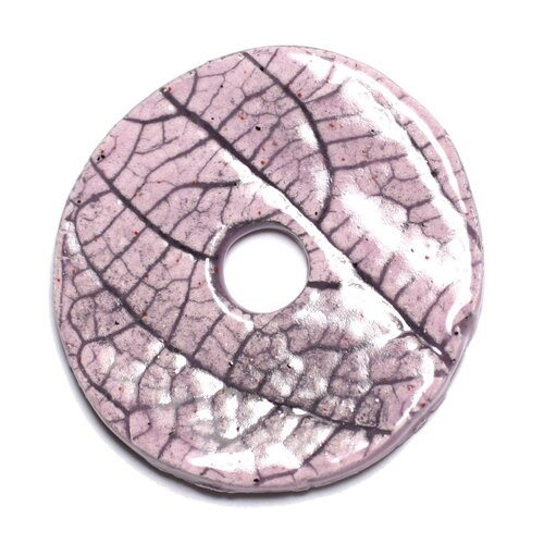 N96 - pendentif porcelaine céramique nature feuilles donut pi 39mm rose clair pastel - 8741140004795