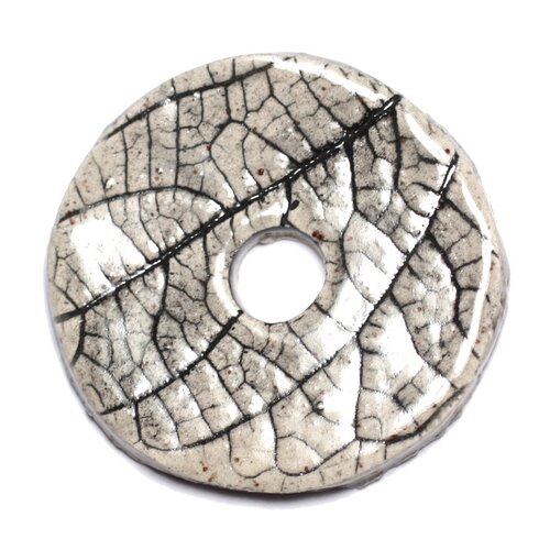 N94 - pendentif porcelaine céramique nature feuilles donut pi 38mm gris beige ecru - 8741140004771