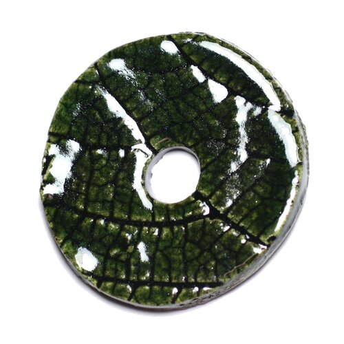 N92 - pendentif porcelaine céramique nature feuilles donut pi 39mm vert olive - 8741140004757