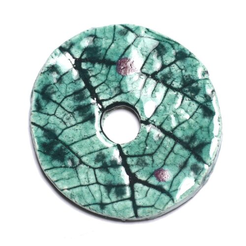 N90 - pendentif porcelaine céramique nature feuilles donut pi 39mm vert turquoise - 8741140004733