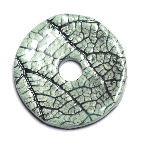 N89 - pendentif porcelaine céramique nature feuilles donut pi 37mm vert turquoise - 8741140004726