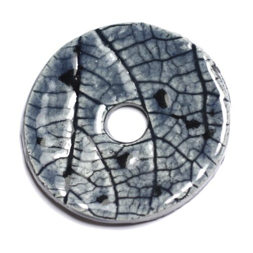 N88 - pendentif porcelaine céramique nature feuilles donut pi 38mm gris bleu anthracite - 8741140004719