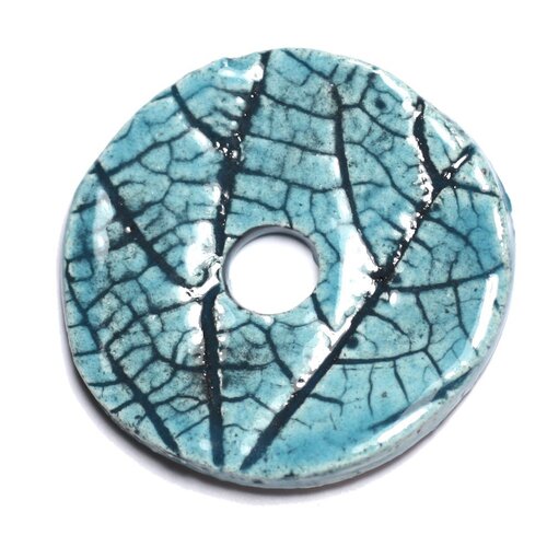 N87 - pendentif porcelaine céramique nature feuilles donut pi 38mm bleu turquoise - 8741140004702