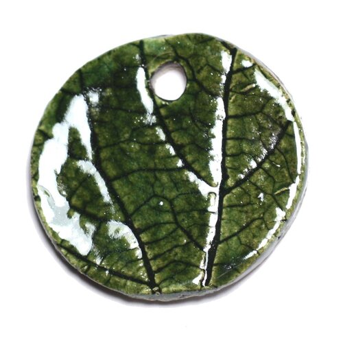 N82 - pendentif porcelaine céramique nature feuilles rond 34mm vert olive - 8741140004658