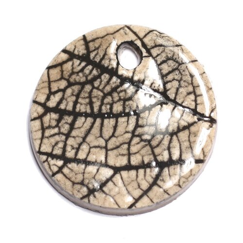 N81 - pendentif porcelaine céramique nature feuilles rond 35mm gris beige ecru - 8741140004641