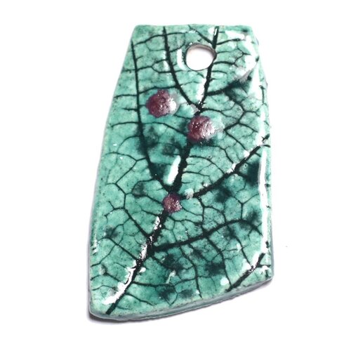 N73 - pendentif porcelaine céramique nature feuilles 47mm vert turquoise - 8741140004566