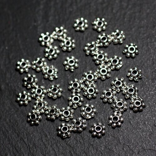 100pc env - perles métal argenté qualité rondelles points fleurs 4mm - 8741140003637