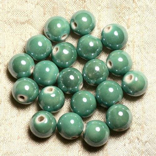 10pc - perles porcelaine céramique vert turquoise irisé boules 12mm   4558550009548