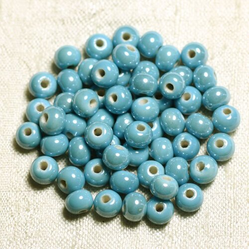20pc - perles céramique porcelaine boules 6mm bleu turquoise irisé -  4558550088673