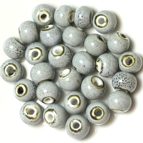 10pc - perles céramique porcelaine boules 10mm bleu clair pastel tacheté noir
