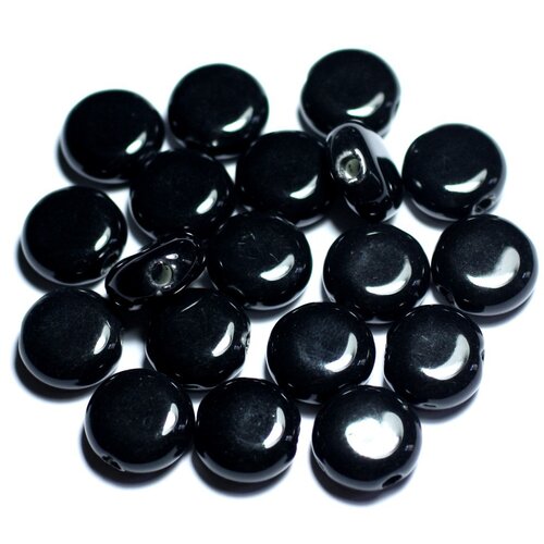5pc - perles porcelaine céramique ronds palets 15mm noir