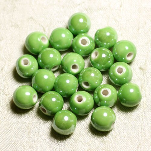 10pc - perles céramique porcelaine boules 10mm vert pomme irisé -  4558550088710