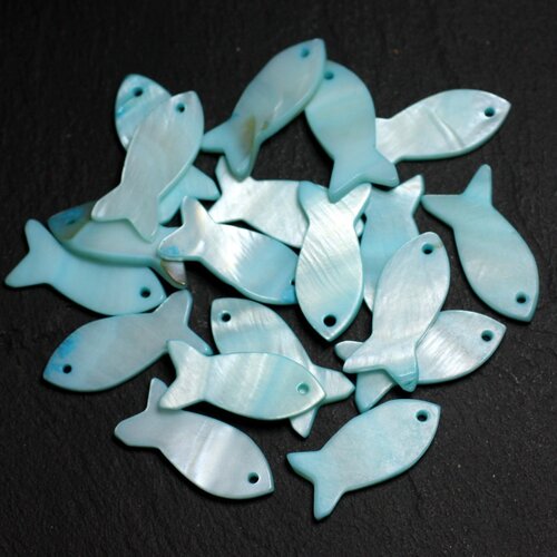 5pc - perles breloques pendentifs nacre - poissons 23mm bleu turquoise -  4558550039866