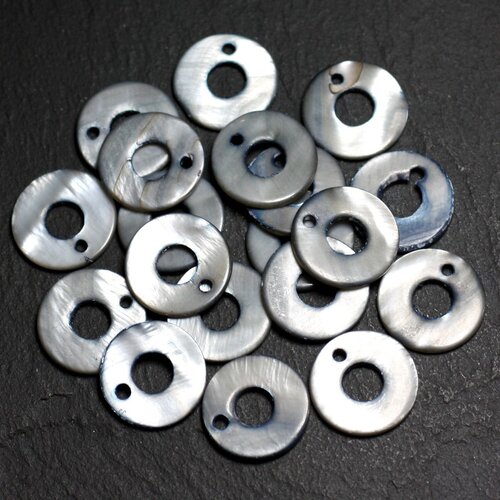 10pc - perles breloques pendentifs nacre donuts cercles 15mm gris noir - 4558550002013