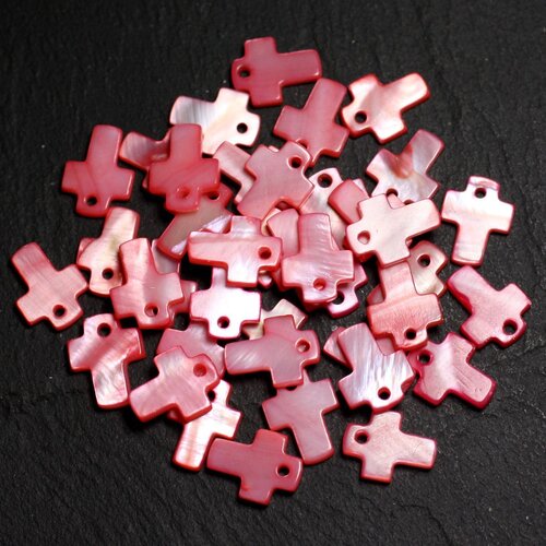 10pc - perles pendentifs breloques nacre croix 12mm rouge rose corail peche - 8741140003408