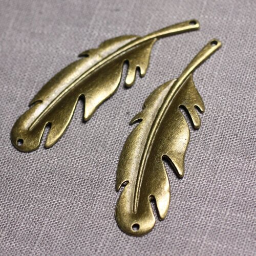 2pc - grands pendentifs connecteurs métal bronze plumes 68mm - 4558550095220