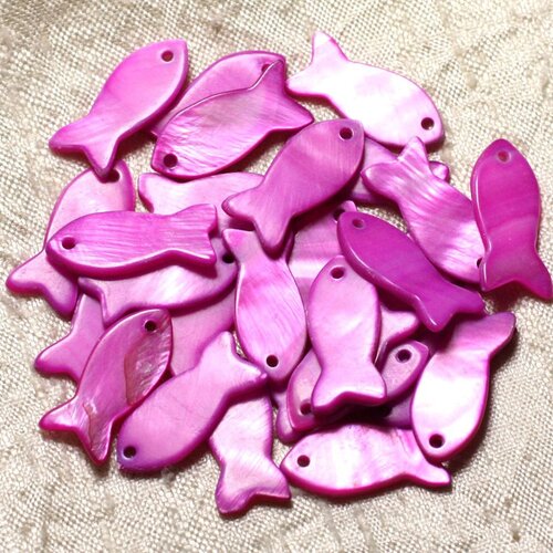 5pc - perles breloques pendentifs nacre - poissons 23mm rose fuchsia   4558550002754