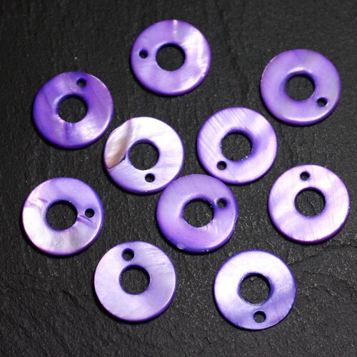 10pc - perles breloques pendentifs nacre donuts cercles 15mm violet foncé byzantin - 4558550014474