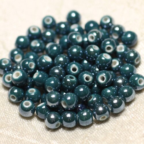 10pc - perles ceramique porcelaine boules 6mm bleu vert canard paon pétrole irisé -  8741140010659