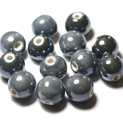 4pc - perles céramique porcelaine boules 14mm gris foncé irisé -  8741140014008