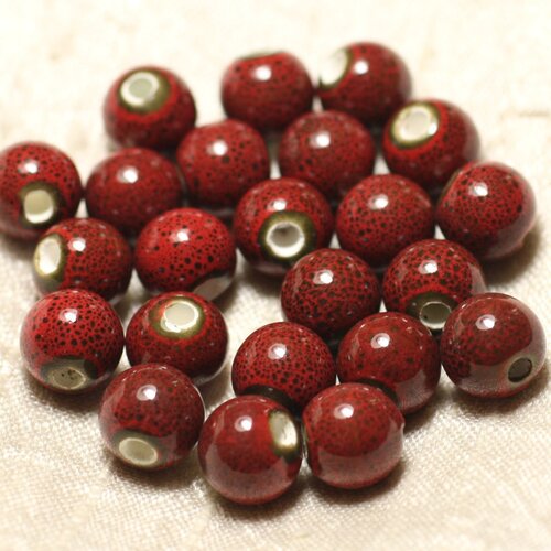 10pc - perles céramique porcelaine boules 10mm rouge bordeaux tacheté - 8741140010536