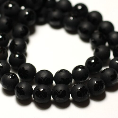 10pc - perles de pierre - onyx noir mat givré papillon brillant boules 8mm - 8741140014329