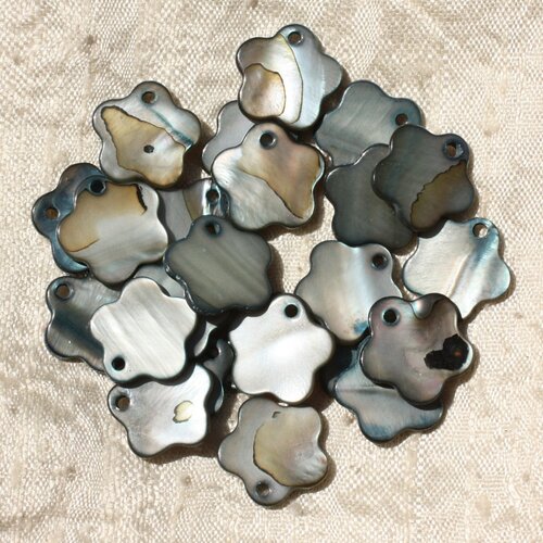 10pc - perles breloques pendentifs nacre fleurs 15mm gris noir   4558550002600