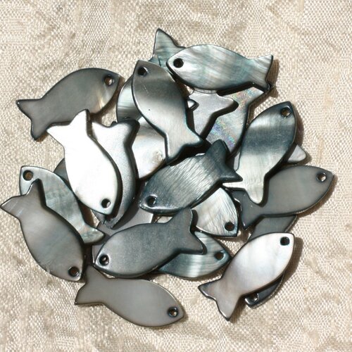 5pc - breloques pendentifs nacre gris noir poissons 23mm - 4558550012418