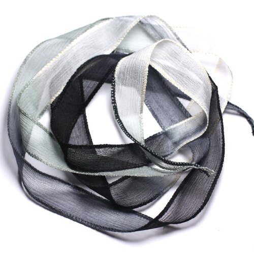 Collier ruban soie teint à la main 130x1.8cm blanc gris noir (soie104) - 8741140003057