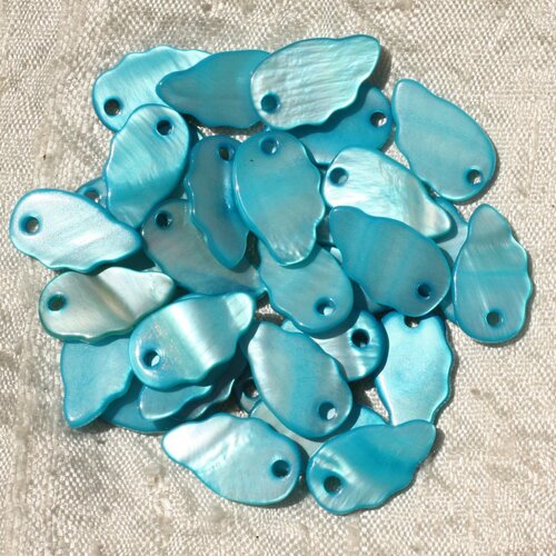 10pc - perles breloques pendentifs nacre feuilles ailes 16mm bleu turquoise - 4558550000286