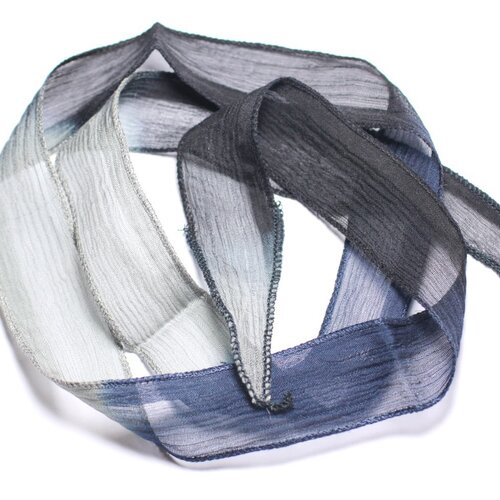 Collier ruban soie teint à la main 85 x 2.5cm bleu marine gris noir soie183 - 8741140003354