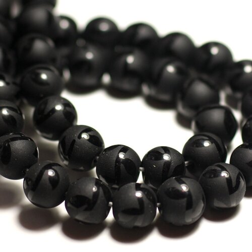 10pc - perles de pierre - onyx noir mat sablé givré boules 8mm feuilles brillantes - 8741140015913