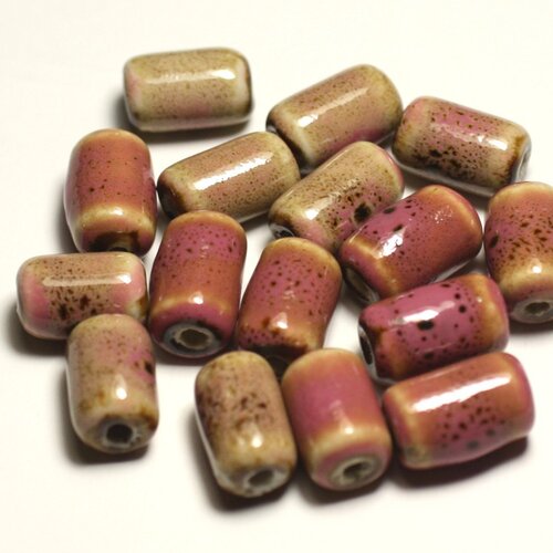 6pc - perles céramique porcelaine tubes 14mm rose jaune ocre tacheté - 8741140017849