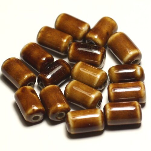 6pc - perles céramique porcelaine tubes 14mm marron café ocre - 8741140017825