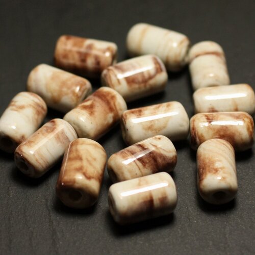 6pc - perles céramique porcelaine tubes 14mm blanc ecru beige marron - 8741140017818