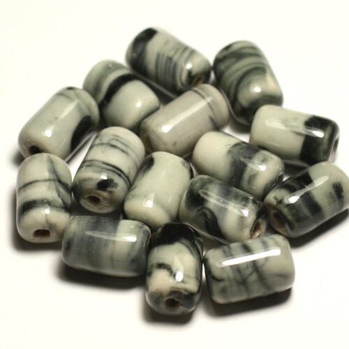 6pc - perles céramique porcelaine tubes 14mm blanc gris noir - 8741140017801