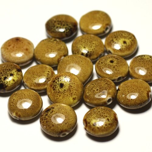 4pc - perles céramique porcelaine palets 16mm jaune ocre marron tacheté - 8741140017702