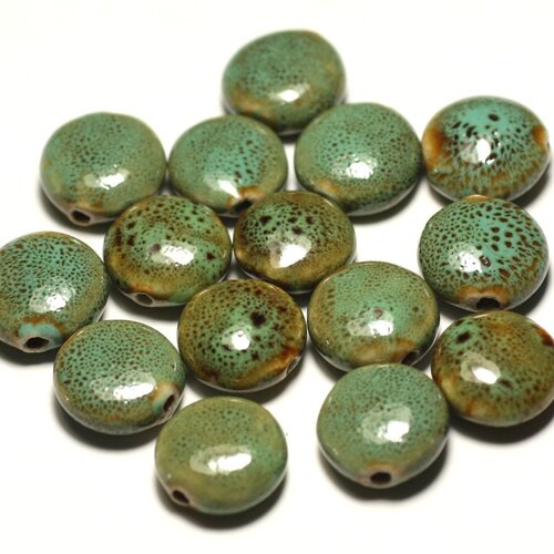 4pc - perles céramique porcelaine palets 16mm bleu turquoise vert jaune tacheté - 8741140017634