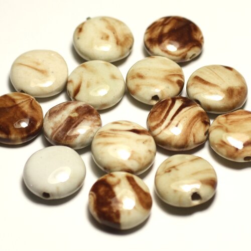 4pc - perles céramique porcelaine palets 16mm blanc ecru beige marron - 8741140017689