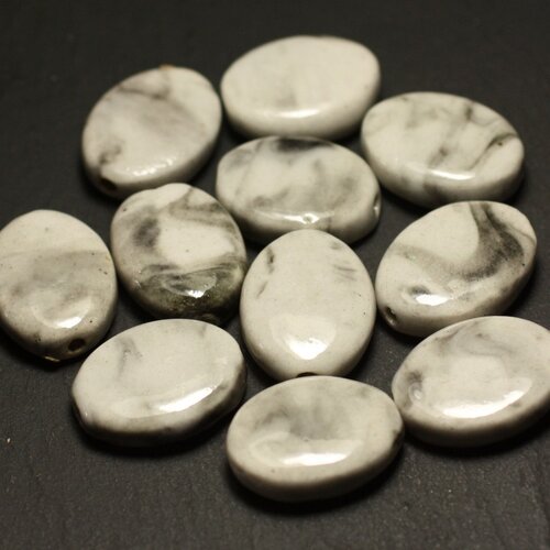 4pc - perles céramique porcelaine ovales 20-22mm blanc gris noir - 8741140017603