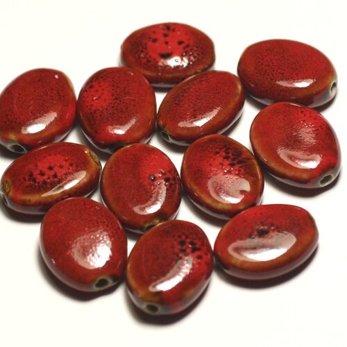 4pc - perles céramique porcelaine ovales 20-22mm rouge tacheté - 8741140017580