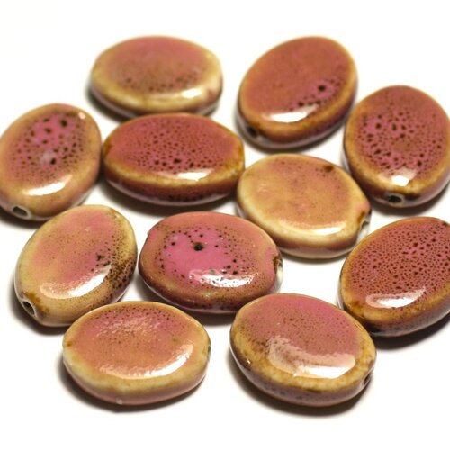 4pc - perles céramique porcelaine ovales 20-22mm rose bonbon jaune tacheté - 8741140017559