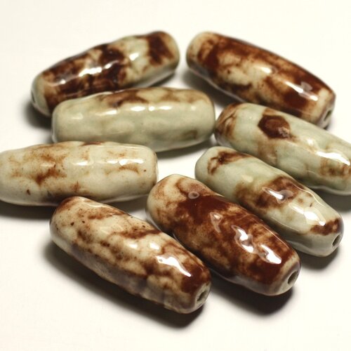 2pc - perles céramique porcelaine olives riz fuseaux 31mm blanc ecru marron - 8741140017443