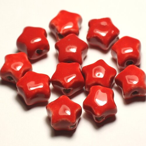 6pc - perles céramique porcelaine etoiles 16mm rouge vif - 8741140017313