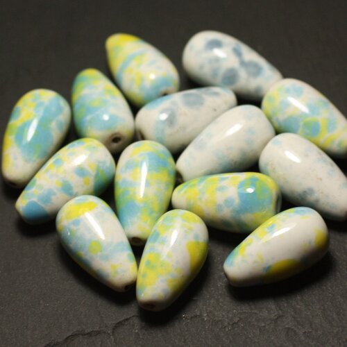 6pc - perles céramique porcelaine gouttes 21mm blanc bleu turquoise jaune  - 8741140017191