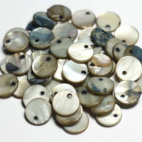 20pc - perles breloques pendentifs nacre ronds plats 10-11mm gris noir beige