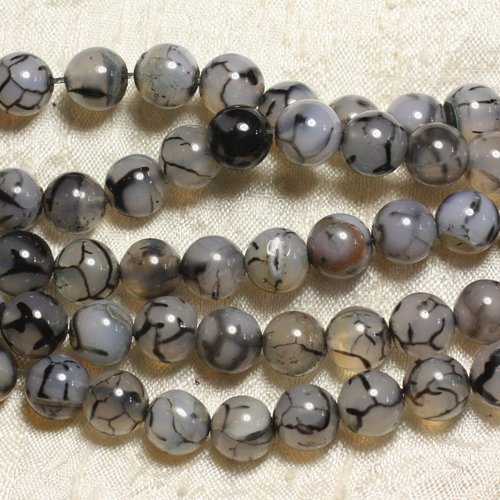 10pc - perles pierre agate veine de dragon blanc gris noir craquelé boules 8mm - 7427039741682